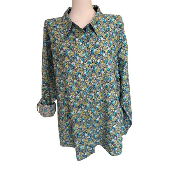 Caribbean Joe Floral Collared Long Roll Tab Sleeve Button Up Shirt Women 3X - Picture 7 of 13